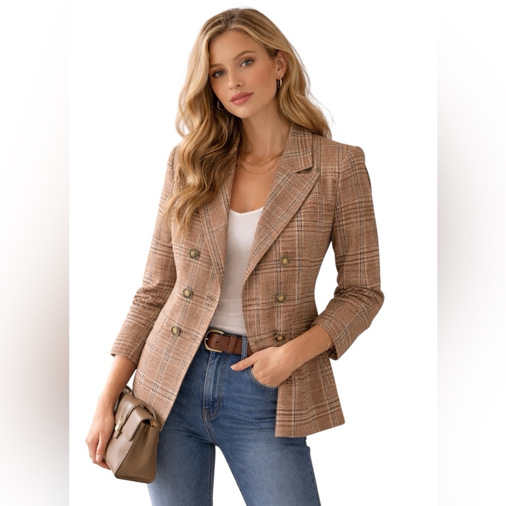 PAIGE Londyn Blazer Bronze Dust Multi Plaid Double Breasted Size L NWT